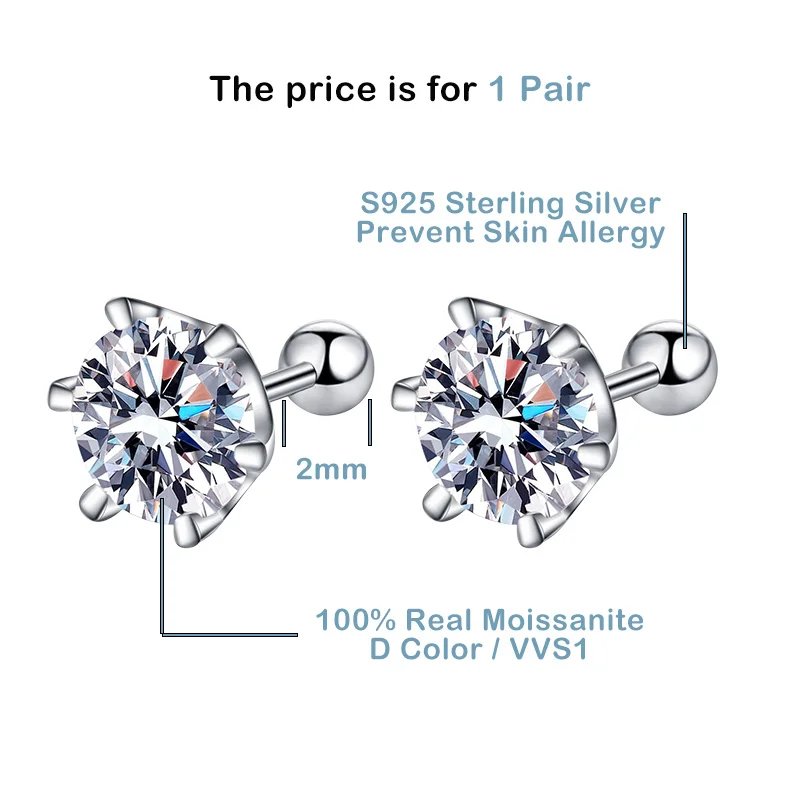 BIJOX STORY Moissanite Screw Stud Earrings D Color 925 Sterling Silver 6 Prong Diamond Earrings For Women Wedding Fine Jewelry