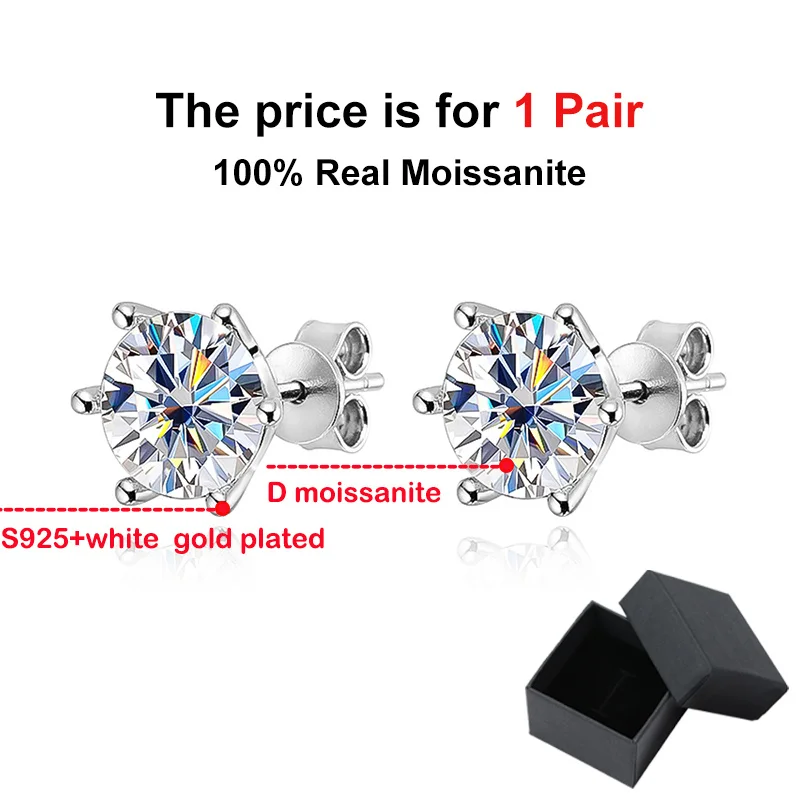 BIJOX STORY Moissanite Screw Stud Earrings D Color 925 Sterling Silver 6 Prong Diamond Earrings For Women Wedding Fine Jewelry