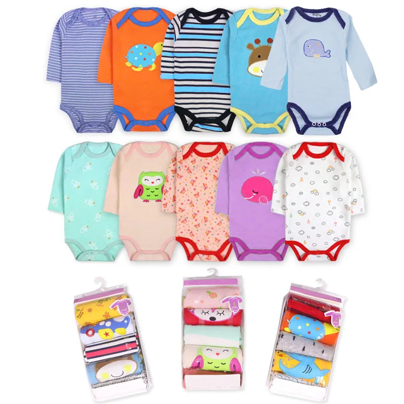 5Pcs Baby Bodysuits 3M-24M Winggle-in Cotton Infant Long Sleeve Bodysuit