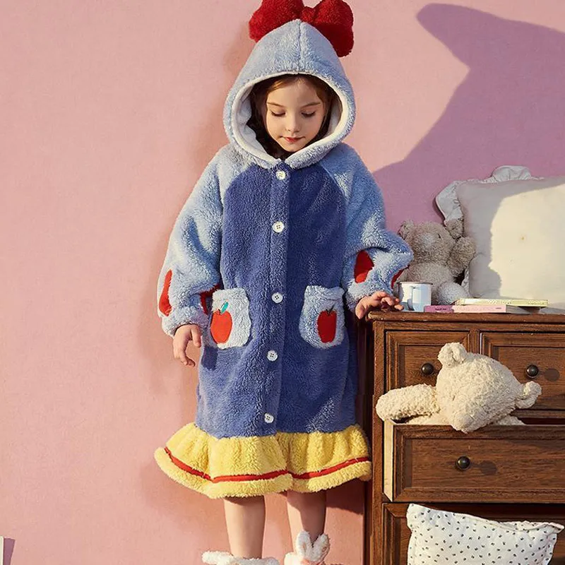 Kids Hooded Robe for Girls Winter 2026 New Princess Child Thick Keep Warm Long Nightgown Front Button Coral Fleece Soft Bathrobe