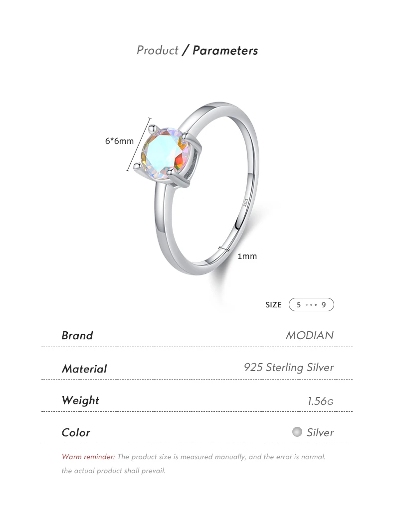 MODIAN 925 Sterling Silver Minimalist Rainbow Colorful Round Zirconia Rings Classic Wedding Statement Jewelry For Women Gift