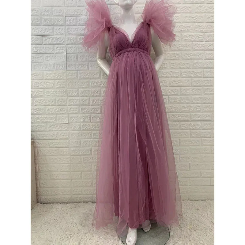 New Pregnancy Woman Dress Lace Photography Clothes Short Sleeve Dresses Tulle Maternity V Neck Split Skirt Photoshoot Props