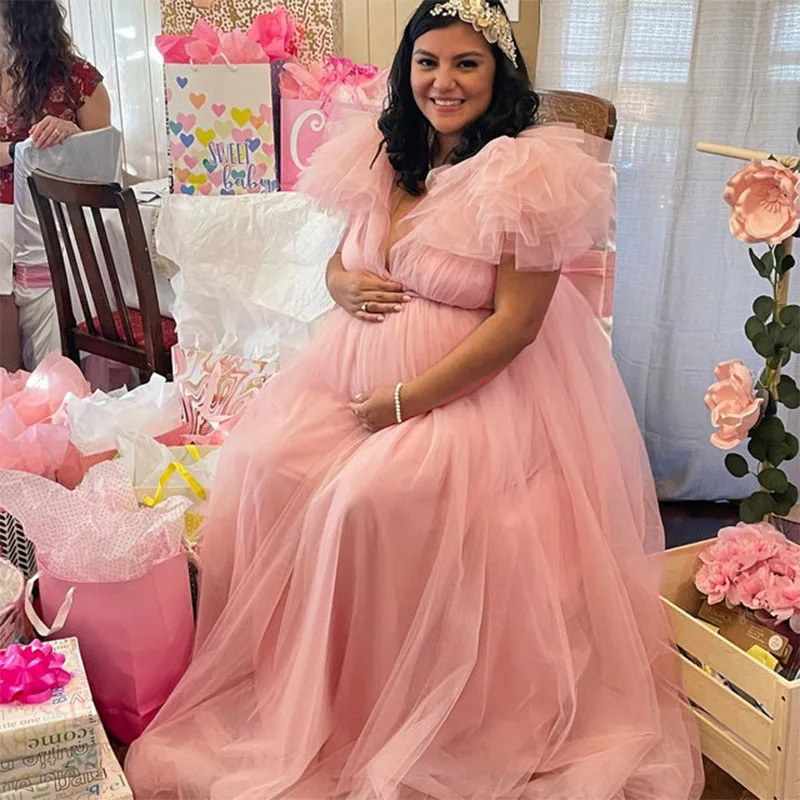 New Pregnancy Woman Dress Lace Photography Clothes Short Sleeve Dresses Tulle Maternity V Neck Split Skirt Photoshoot Props