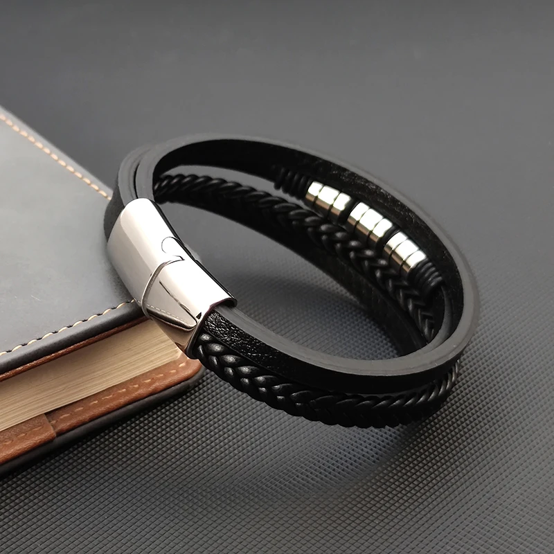 Leather Bracelet Men Jewelry Stainless Steel Magnet Buckle Multi-layer Braided Rope Beading Bracelet Fashion Charm Jewelry