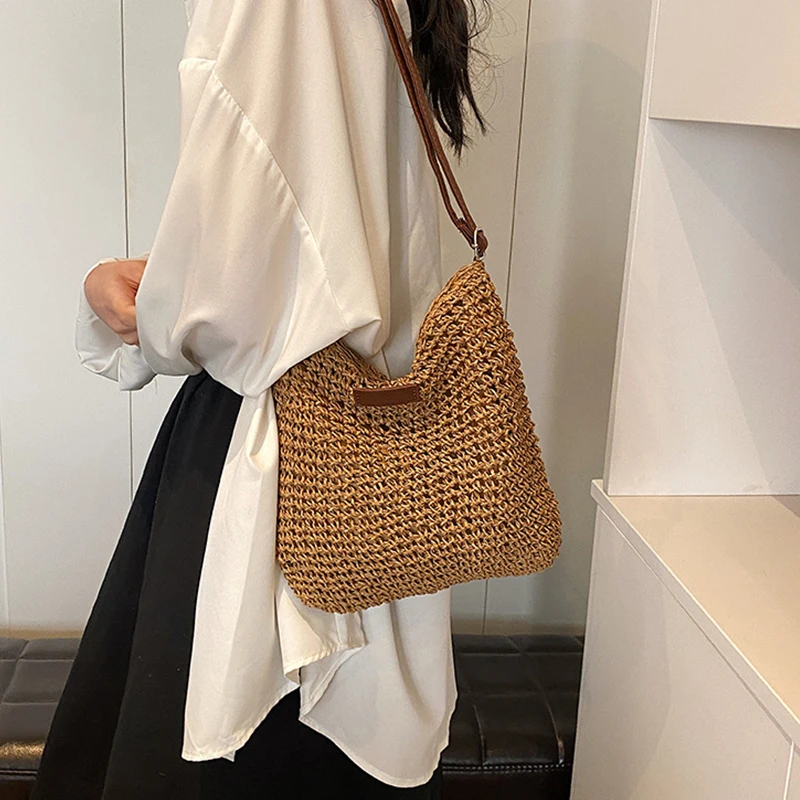 Bohemian Straw Beach Bags For Women High Capacity Handmade Shoulder Bag Casual Woven Totes Bag Shopping Clutch Handbag Purse