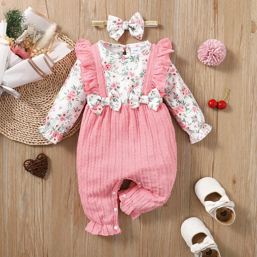 Baby Girl Fashion Romper Cute Floral Pattern Long Sleeve Bow Bodysuit Spring&Autumn Jumpsuit for Infant Girl 0-18 Months