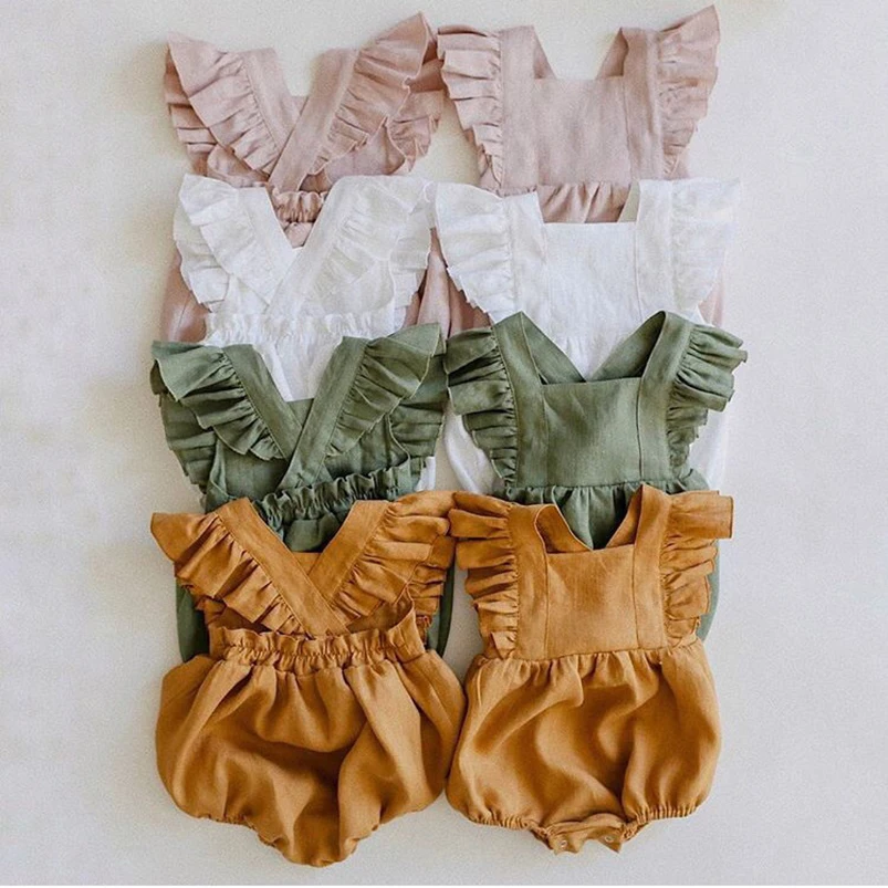 Vintage Linen Cotton Baby Girls Romper Summer Ruffles Lace Sleeveless Jumpsuit for Toddler Girls One-Piece Children Clothing
