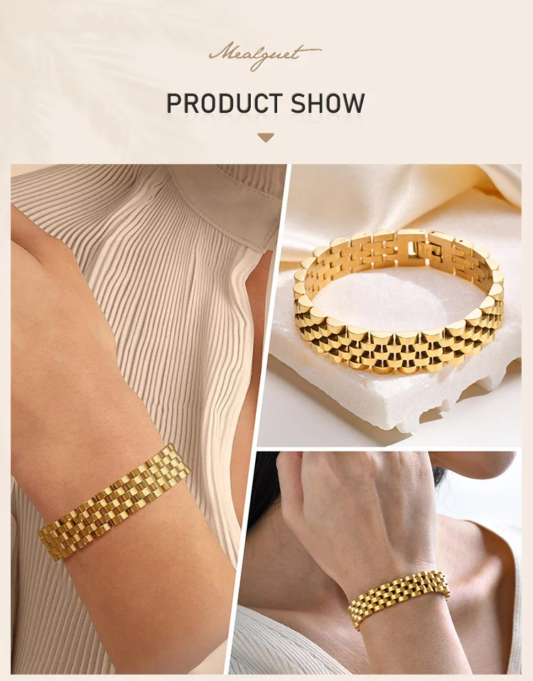 12mm Stainless Steel Link Chain Bracelet for Women, 18k Gold Plated Width Bangle, Stackable Jewelry