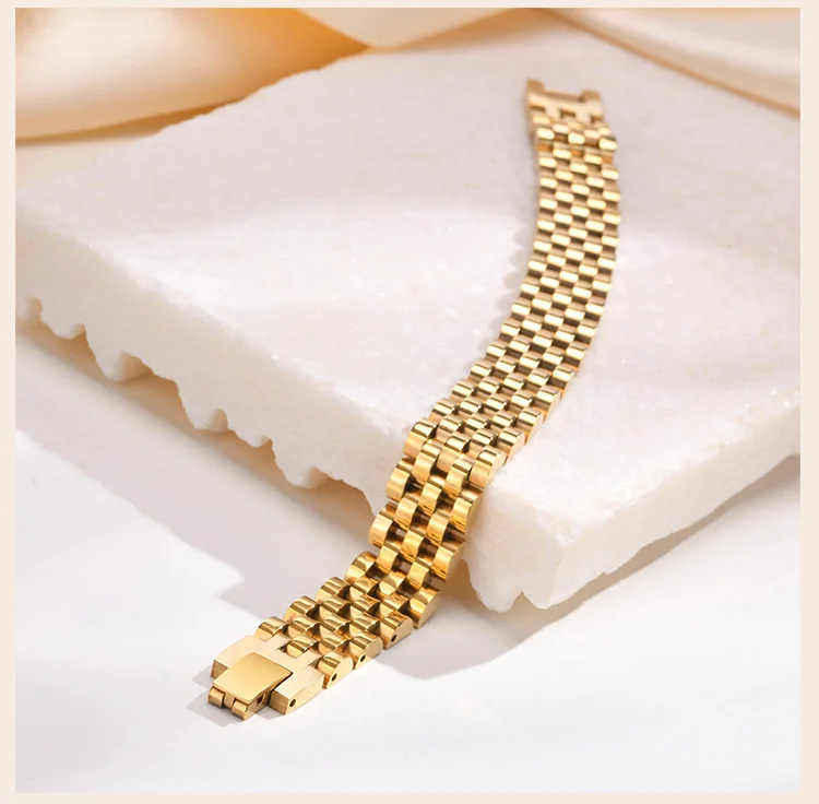 12mm Stainless Steel Link Chain Bracelet for Women, 18k Gold Plated Width Bangle, Stackable Jewelry