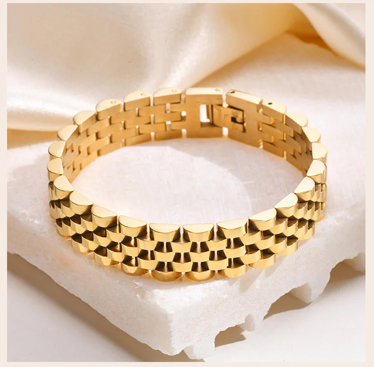 12mm Stainless Steel Link Chain Bracelet for Women, 18k Gold Plated Width Bangle, Stackable Jewelry