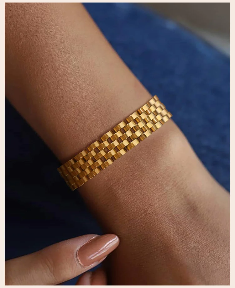 12mm Stainless Steel Link Chain Bracelet for Women, 18k Gold Plated Width Bangle, Stackable Jewelry