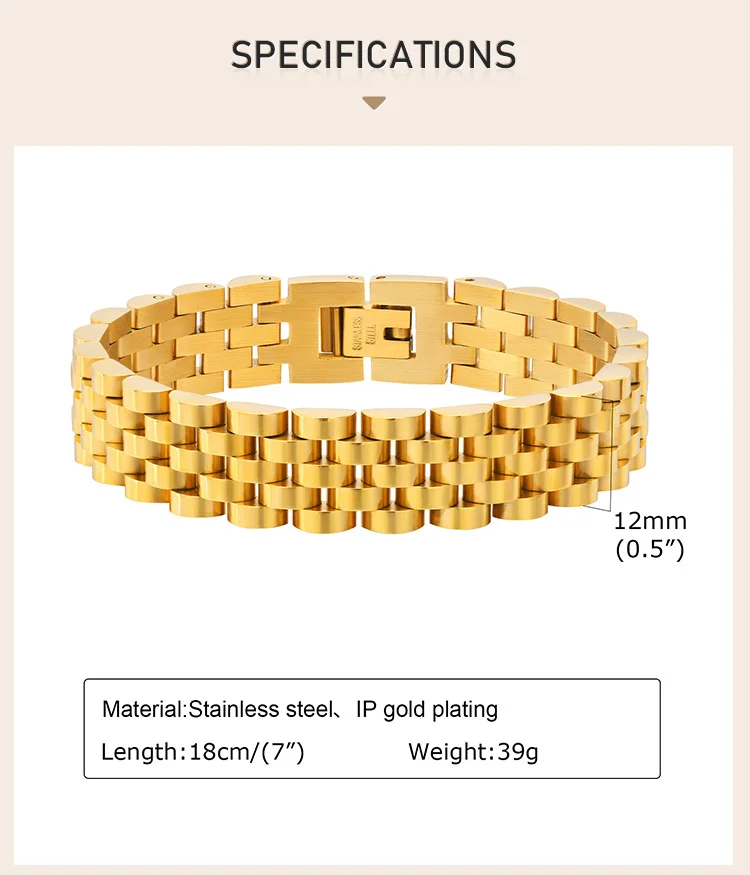 12mm Stainless Steel Link Chain Bracelet for Women, 18k Gold Plated Width Bangle, Stackable Jewelry