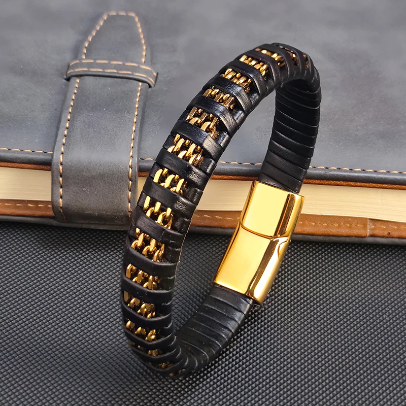 New Fashion 8mm Chain Curb Cuban Link Charm Leather Bracelets Men Stainless Steel Magnet Clasp Hand Bracelet Homme Men's Gifts