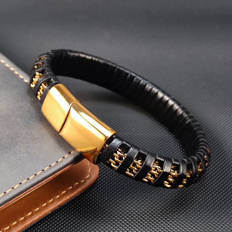 New Fashion 8mm Chain Curb Cuban Link Charm Leather Bracelets Men Stainless Steel Magnet Clasp Hand Bracelet Homme Men's Gifts