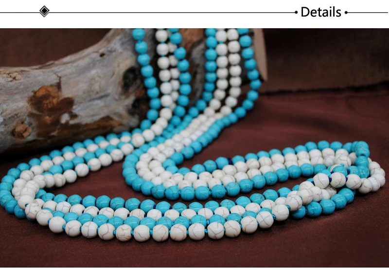 Women Turquoise Necklace Retro Simple Blue White Natural Stone Accessory Handmade Beaded Tassel Sweater Chain