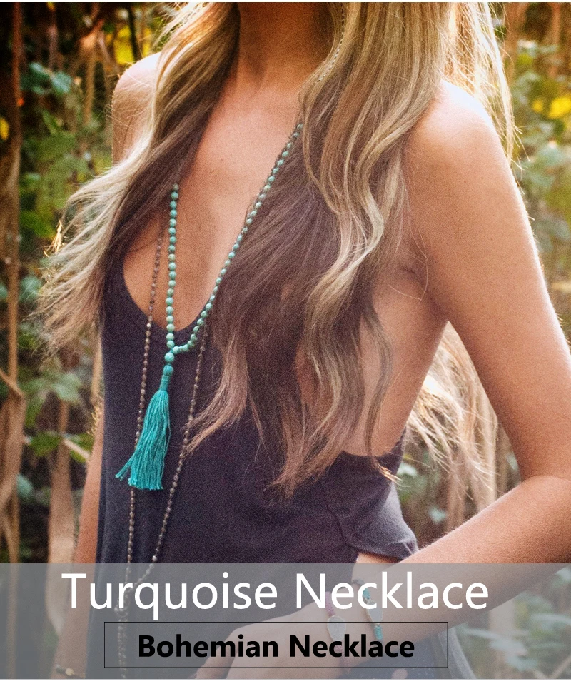 Women Turquoise Necklace Retro Simple Blue White Natural Stone Accessory Handmade Beaded Tassel Sweater Chain