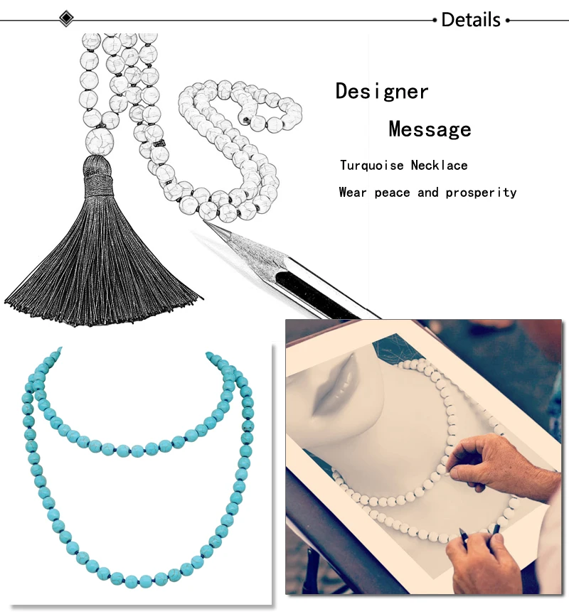 Women Turquoise Necklace Retro Simple Blue White Natural Stone Accessory Handmade Beaded Tassel Sweater Chain
