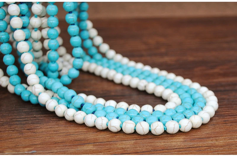 Women Turquoise Necklace Retro Simple Blue White Natural Stone Accessory Handmade Beaded Tassel Sweater Chain