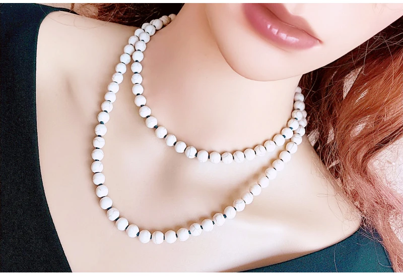 Women Turquoise Necklace Retro Simple Blue White Natural Stone Accessory Handmade Beaded Tassel Sweater Chain