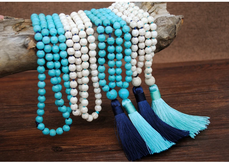Women Turquoise Necklace Retro Simple Blue White Natural Stone Accessory Handmade Beaded Tassel Sweater Chain