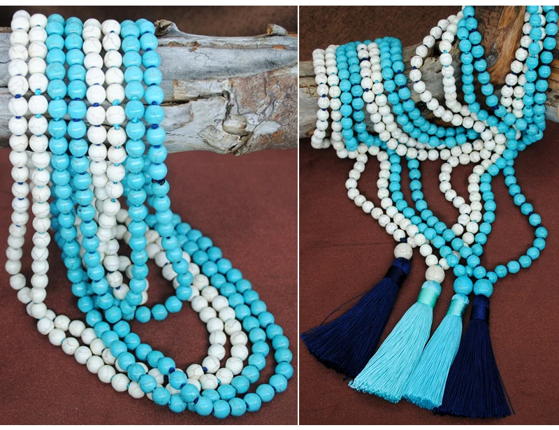 Women Turquoise Necklace Retro Simple Blue White Natural Stone Accessory Handmade Beaded Tassel Sweater Chain