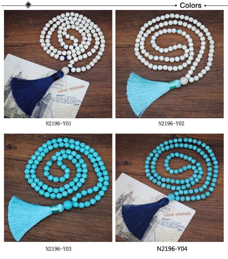 Women Turquoise Necklace Retro Simple Blue White Natural Stone Accessory Handmade Beaded Tassel Sweater Chain