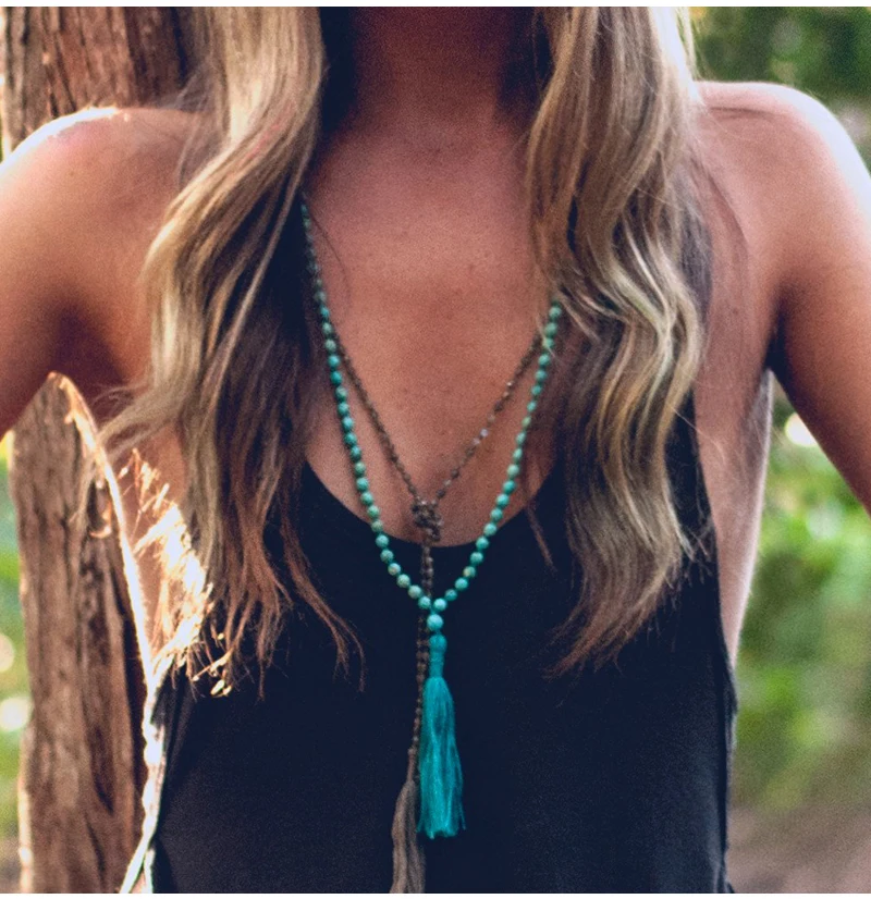 Women Turquoise Necklace Retro Simple Blue White Natural Stone Accessory Handmade Beaded Tassel Sweater Chain