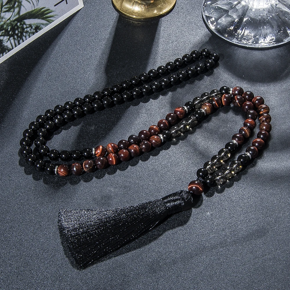 8mm Red Tiger Eye Black Onyx 108 Mala Beaded Necklace Yoga Prayer Meditation Rosary for Men and Women Japamala Jewelry Set