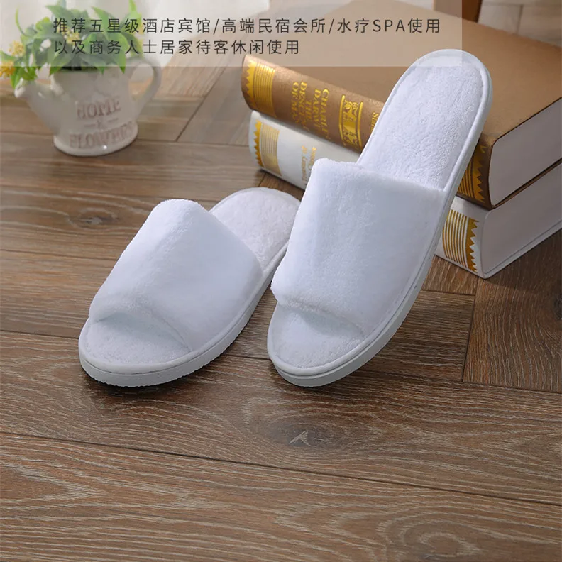 5Pairs/Lot Men Women Cheap Disposable Hotel Slippers White Coral Fleece Open Toe Home Cotton Slides Travel SPA Guest Slipper