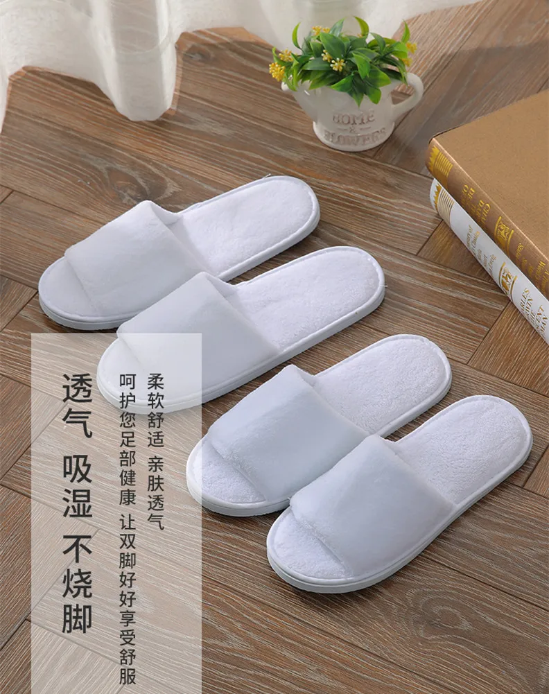 5Pairs/Lot Men Women Cheap Disposable Hotel Slippers White Coral Fleece Open Toe Home Cotton Slides Travel SPA Guest Slipper