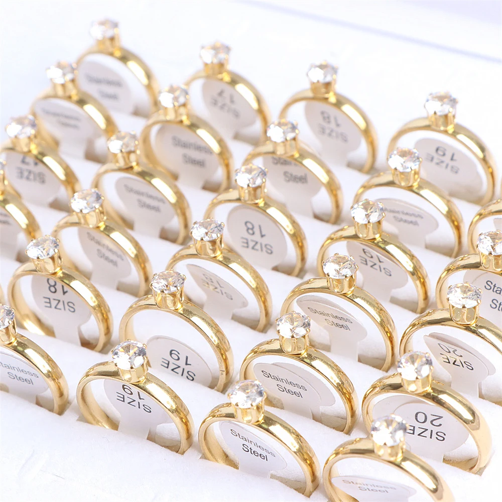 20Pcs/Lot Fashion Colorful Heart Crystal Stainless Steel Rings Jewelry For Women Gold Silver Plated Wedding Party Gift Wholesale