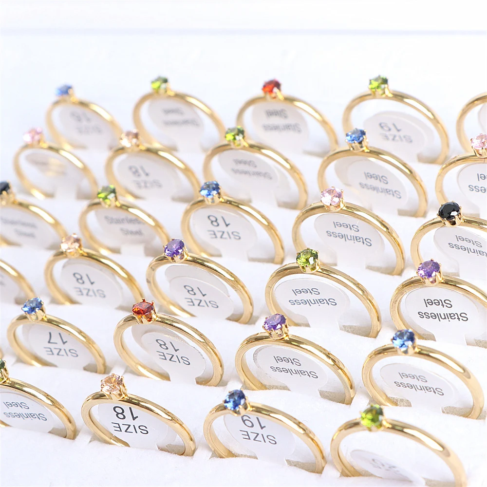 20Pcs/Lot Fashion Colorful Heart Crystal Stainless Steel Rings Jewelry For Women Gold Silver Plated Wedding Party Gift Wholesale