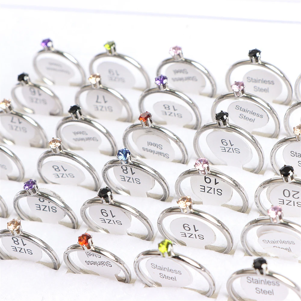 20Pcs/Lot Fashion Colorful Heart Crystal Stainless Steel Rings Jewelry For Women Gold Silver Plated Wedding Party Gift Wholesale