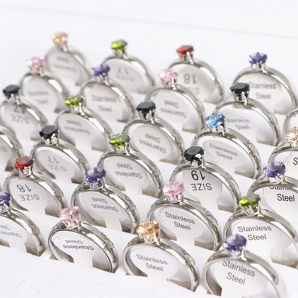 20Pcs/Lot Fashion Colorful Heart Crystal Stainless Steel Rings Jewelry For Women Gold Silver Plated Wedding Party Gift Wholesale