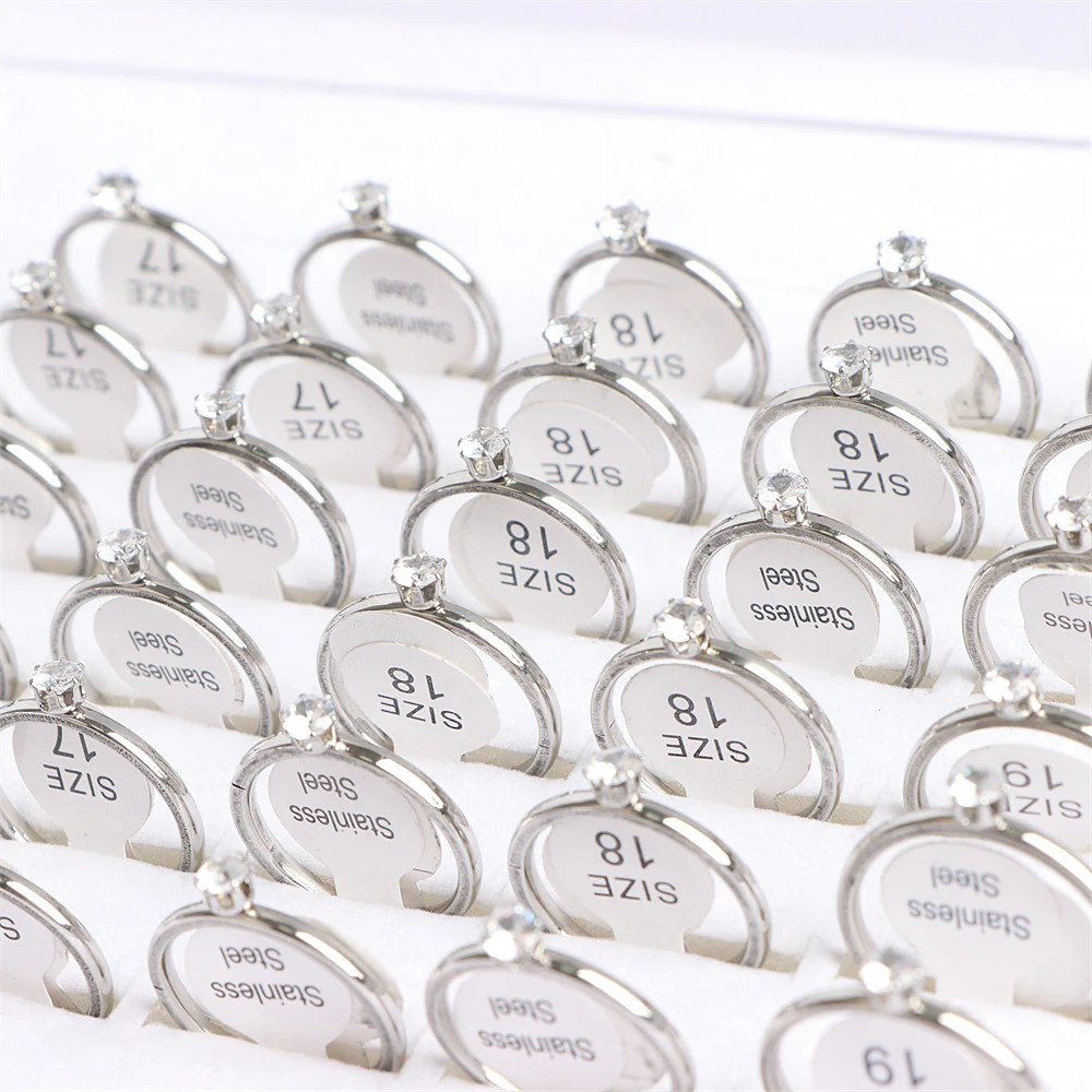 20Pcs/Lot Fashion Colorful Heart Crystal Stainless Steel Rings Jewelry For Women Gold Silver Plated Wedding Party Gift Wholesale