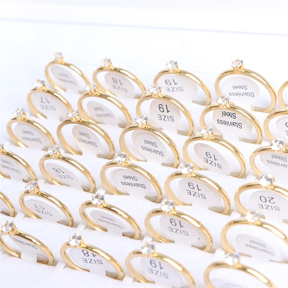 20Pcs/Lot Fashion Colorful Heart Crystal Stainless Steel Rings Jewelry For Women Gold Silver Plated Wedding Party Gift Wholesale