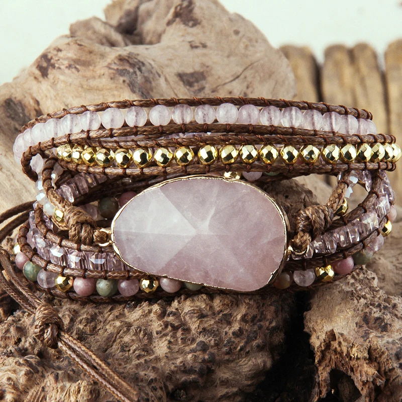 RH Fashion Handma Boho Bracelet Natural Stones Pink Charm 5 Strands Wrap Bracelets Women Gift DropShipping