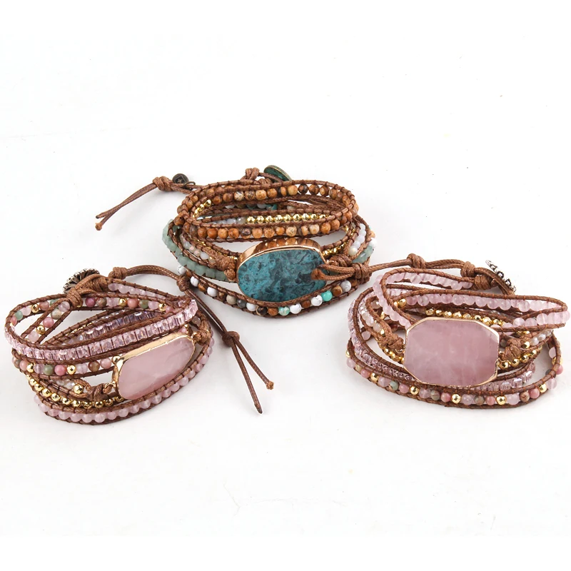 RH Fashion Handma Boho Bracelet Natural Stones Pink Charm 5 Strands Wrap Bracelets Women Gift DropShipping
