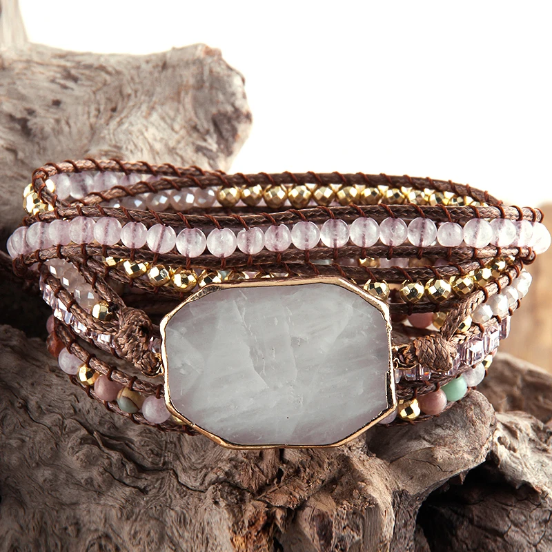 RH Fashion Handma Boho Bracelet Natural Stones Pink Charm 5 Strands Wrap Bracelets Women Gift DropShipping