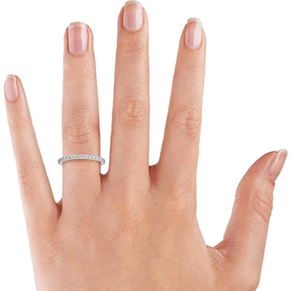 Trumium 2mm Real S925 Sterling Silver Wedding Band Cubic Zirconia Full Eternity Stackable Engagement Rings for Women Gifts