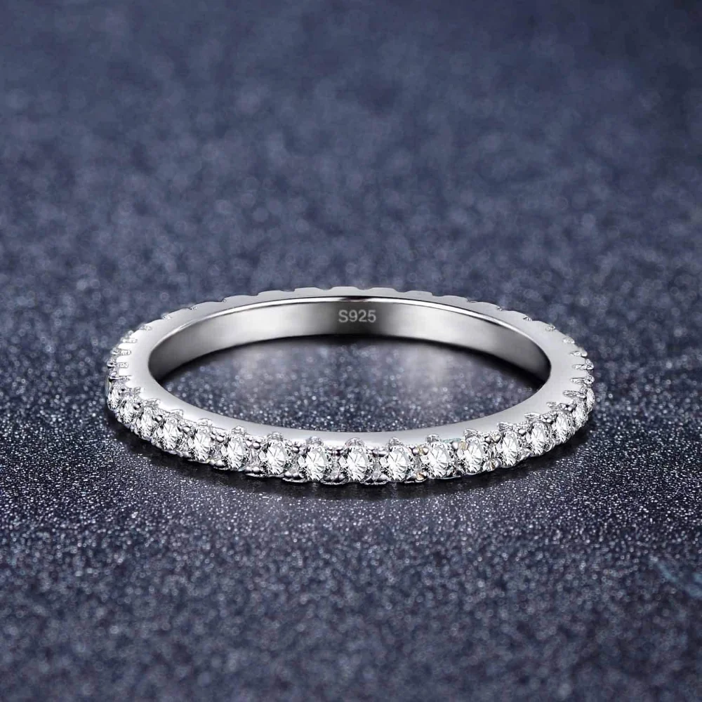 Trumium 2mm Real S925 Sterling Silver Wedding Band Cubic Zirconia Full Eternity Stackable Engagement Rings for Women Gifts