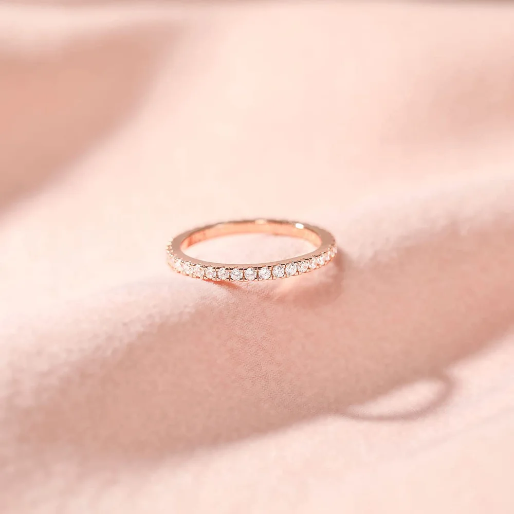 Trumium 2mm Real S925 Sterling Silver Wedding Band Cubic Zirconia Full Eternity Stackable Engagement Rings for Women Gifts