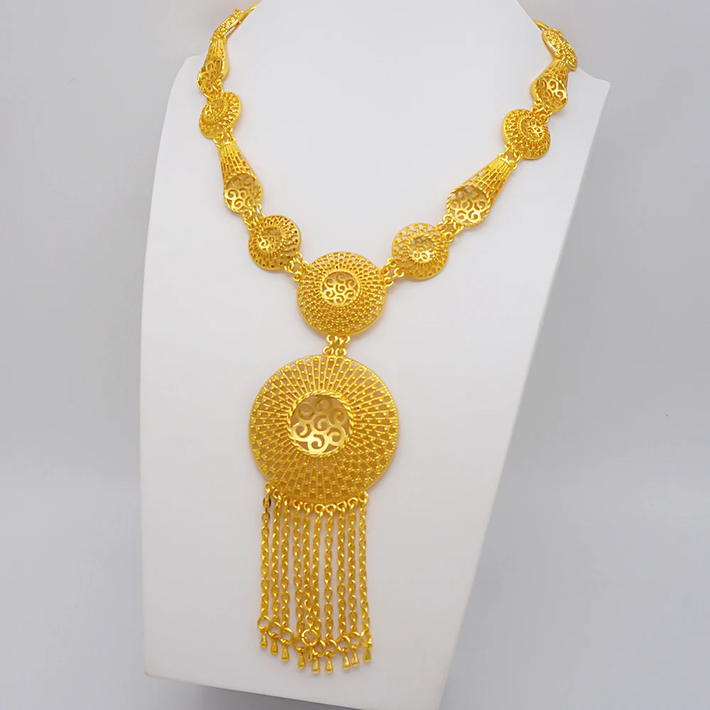 Indian Dubai Gold Color Jewelry Set For Women Bridal Long Necklace Set Nigerian Choker Necklace Bracelet Earring Ring Sets