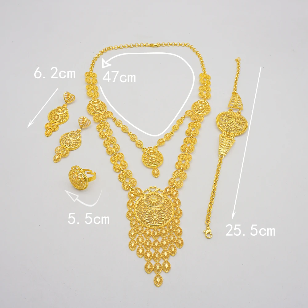 Indian Dubai Gold Color Jewelry Set For Women Bridal Long Necklace Set Nigerian Choker Necklace Bracelet Earring Ring Sets