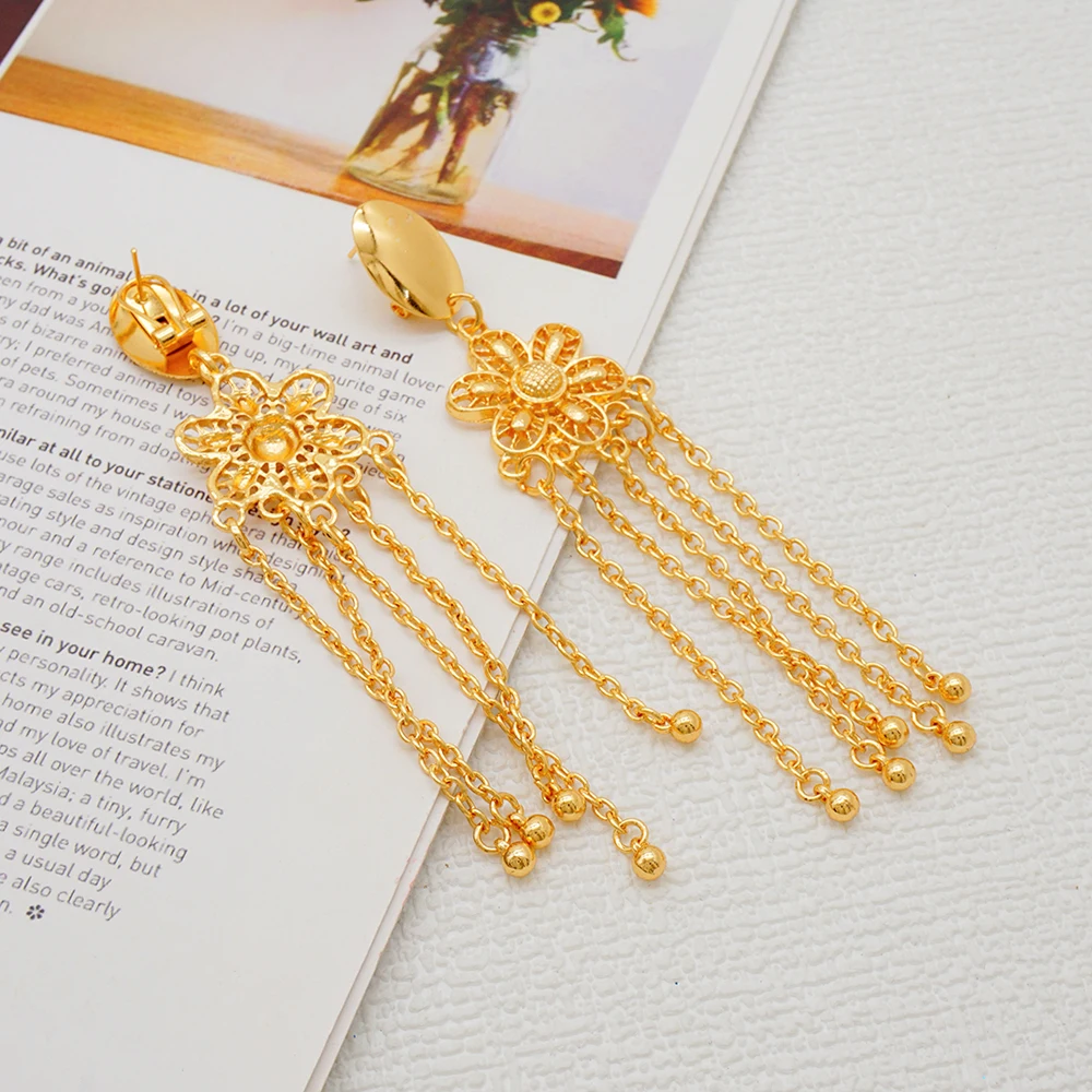 Indian Dubai Gold Color Jewelry Set For Women Bridal Long Necklace Set Nigerian Choker Necklace Bracelet Earring Ring Sets
