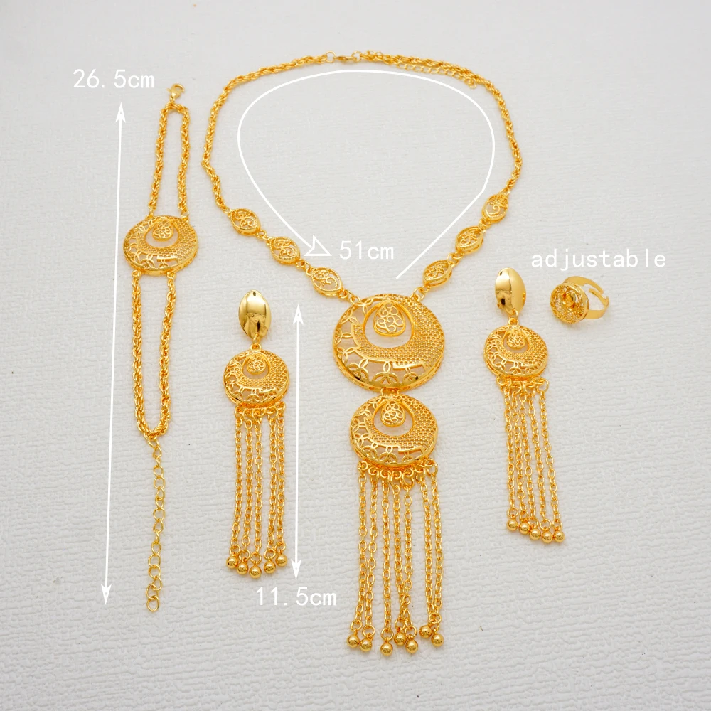 Indian Dubai Gold Color Jewelry Set For Women Bridal Long Necklace Set Nigerian Choker Necklace Bracelet Earring Ring Sets