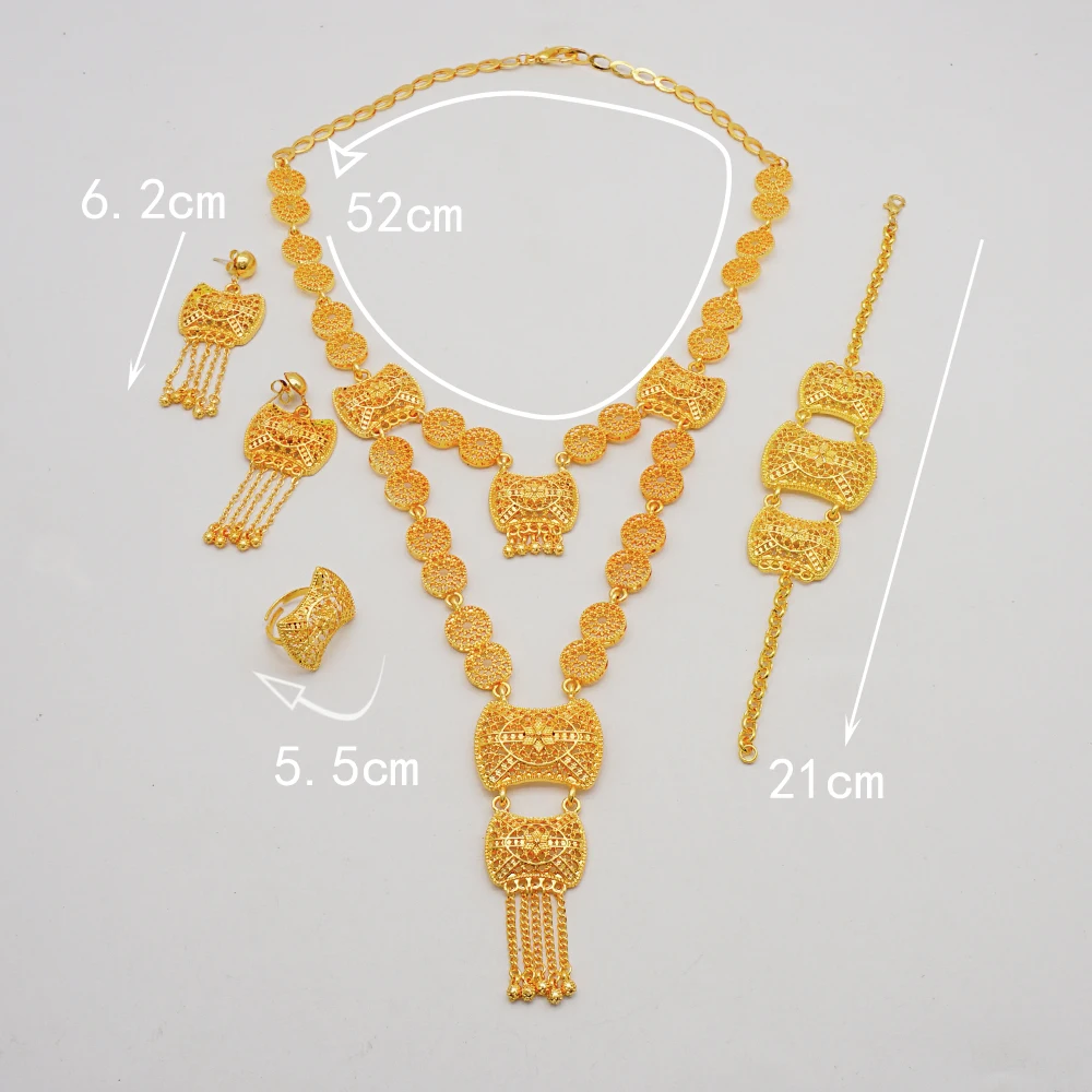 Indian Dubai Gold Color Jewelry Set For Women Bridal Long Necklace Set Nigerian Choker Necklace Bracelet Earring Ring Sets