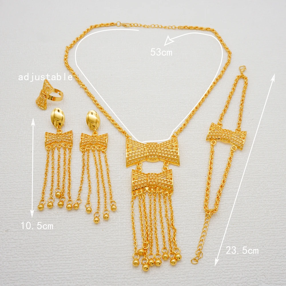 Indian Dubai Gold Color Jewelry Set For Women Bridal Long Necklace Set Nigerian Choker Necklace Bracelet Earring Ring Sets