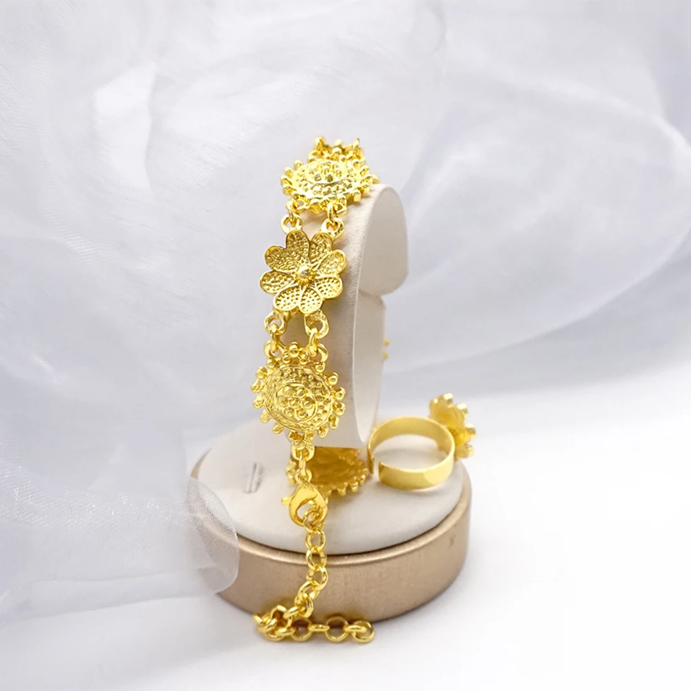 Indian Dubai Gold Color Jewelry Set For Women Bridal Long Necklace Set Nigerian Choker Necklace Bracelet Earring Ring Sets