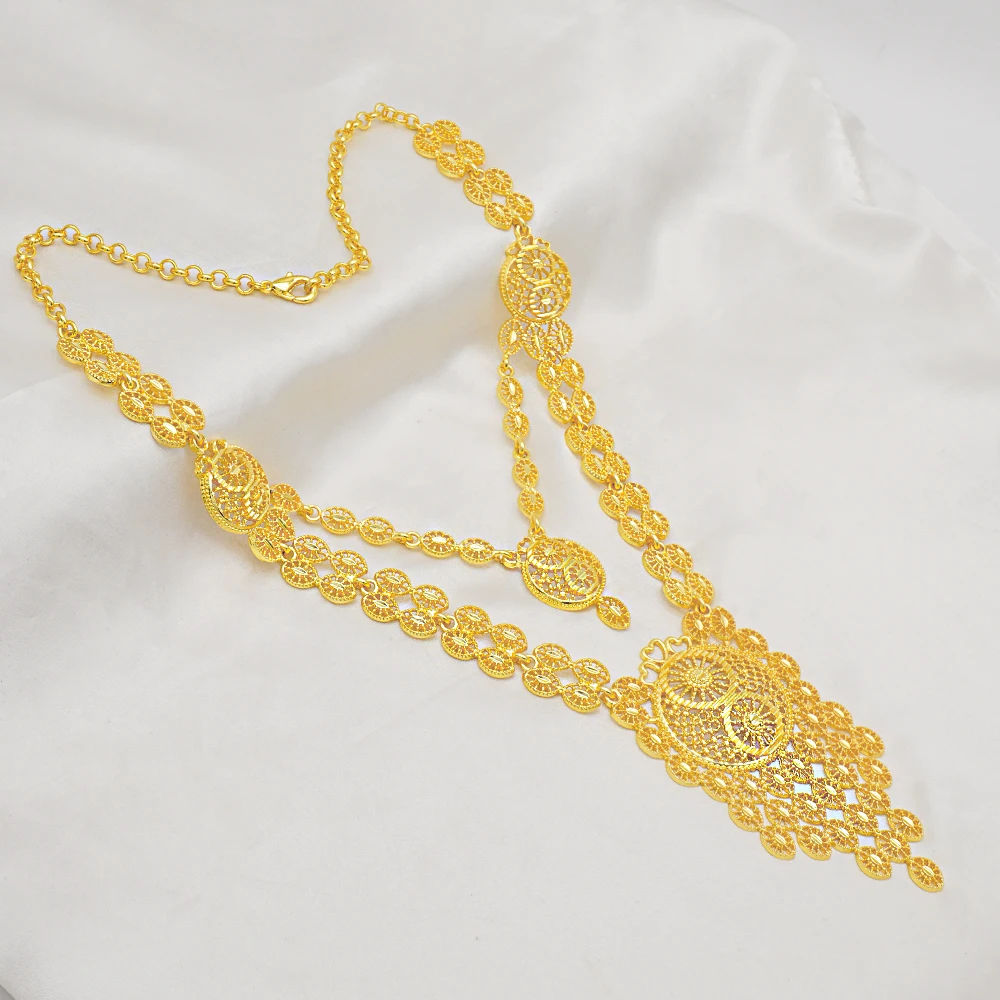 Indian Dubai Gold Color Jewelry Set For Women Bridal Long Necklace Set Nigerian Choker Necklace Bracelet Earring Ring Sets